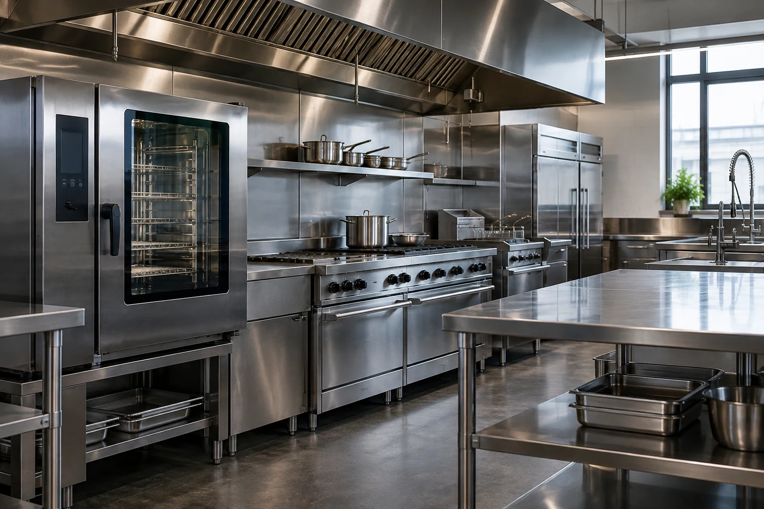 Illustrative commercial kitchen with stainless steel equipment